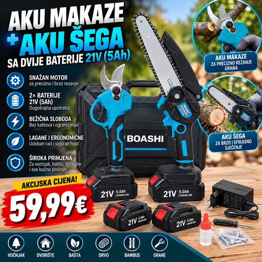 Aku makaze + Aku šega  sa dvije baterije od 21V(5Ah)