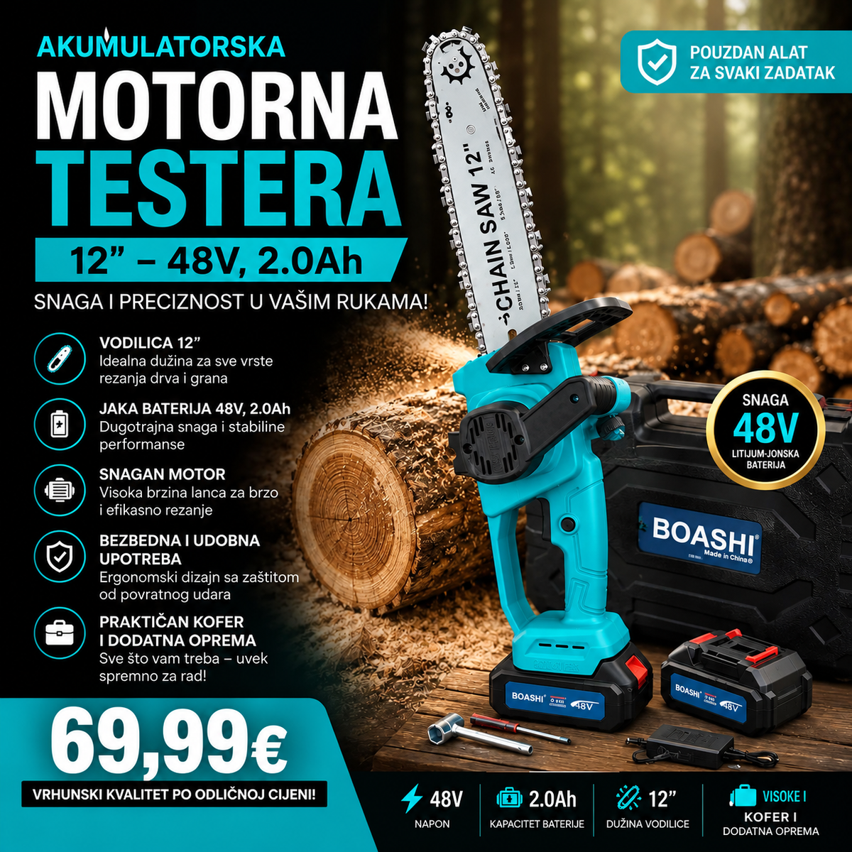 Akumulatorska Motorna Testera 12" – 48V, 2.0Ah