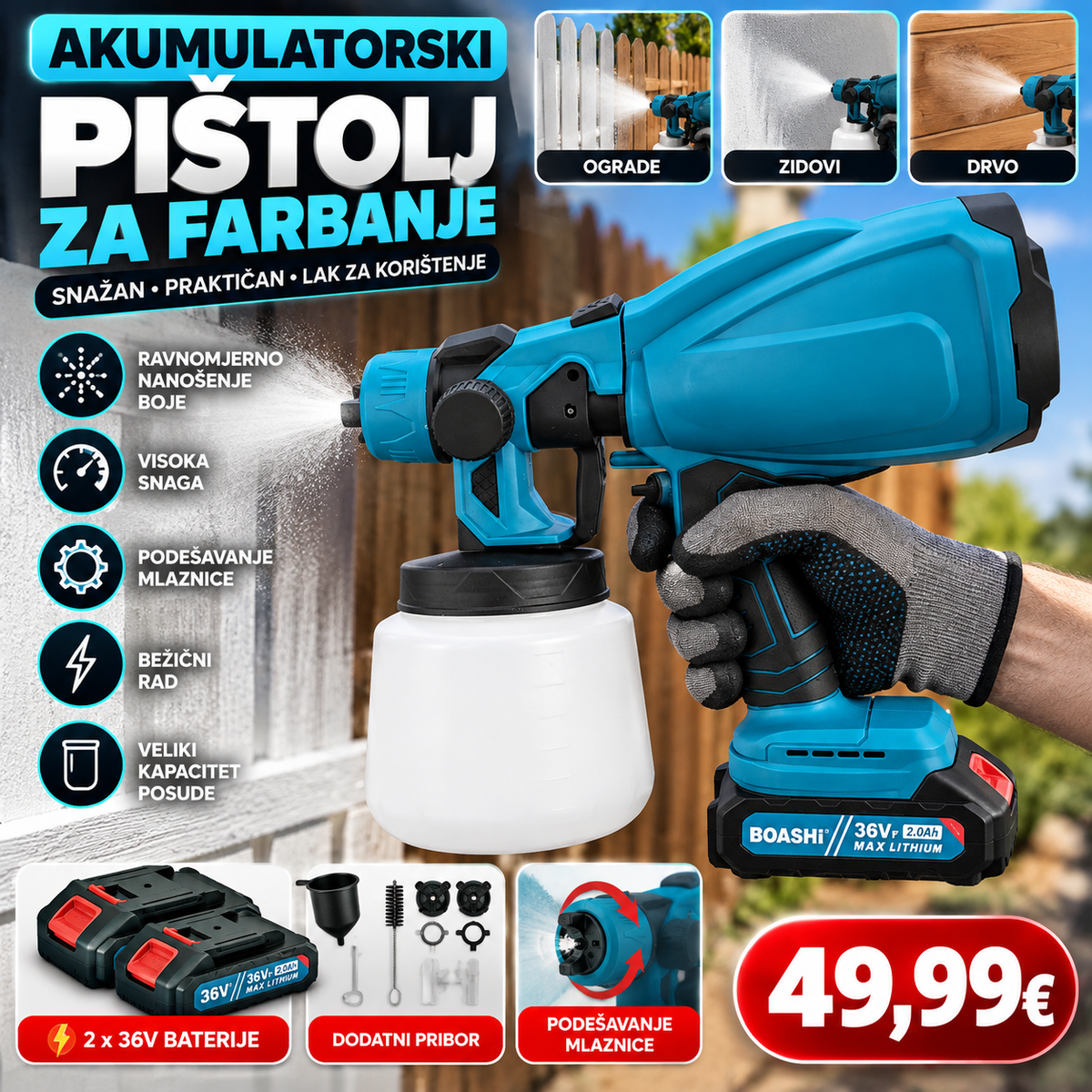 Akumulatorski pistolj za farbanje sa baterijom od 36V