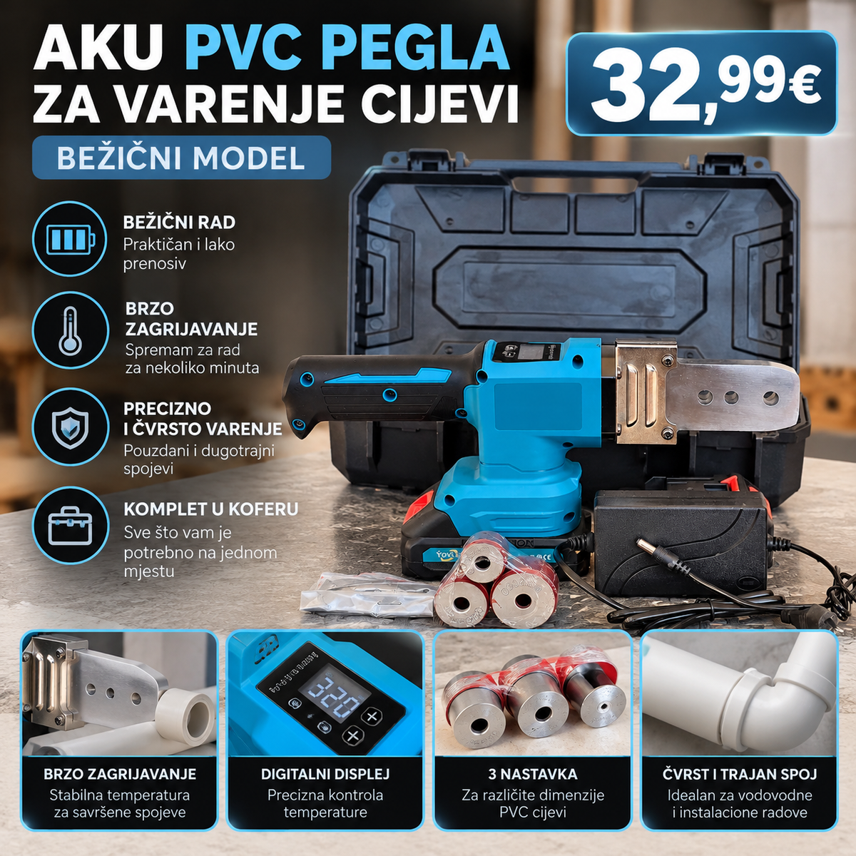 Aku PVC pegla za varenje cijevi – bežični model