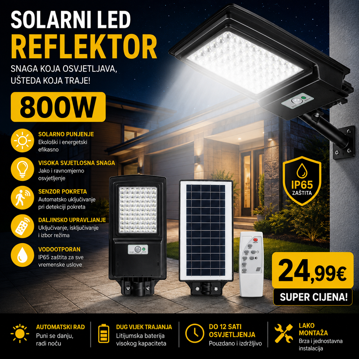 Solarni LED reflektor sa senzorom pokreta + daljinski