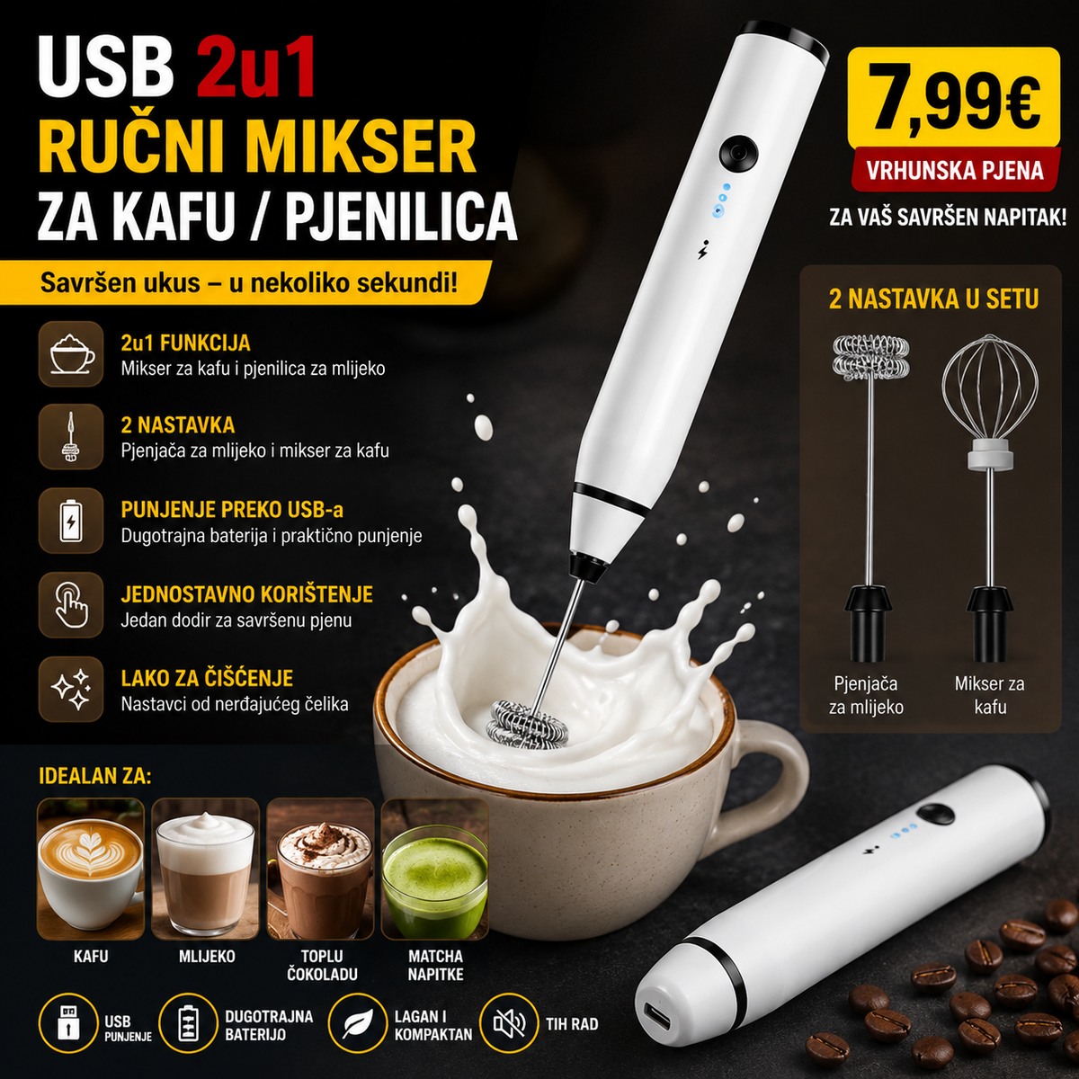 Usb 2u1 rucni mikser za kafu/ pjenilica