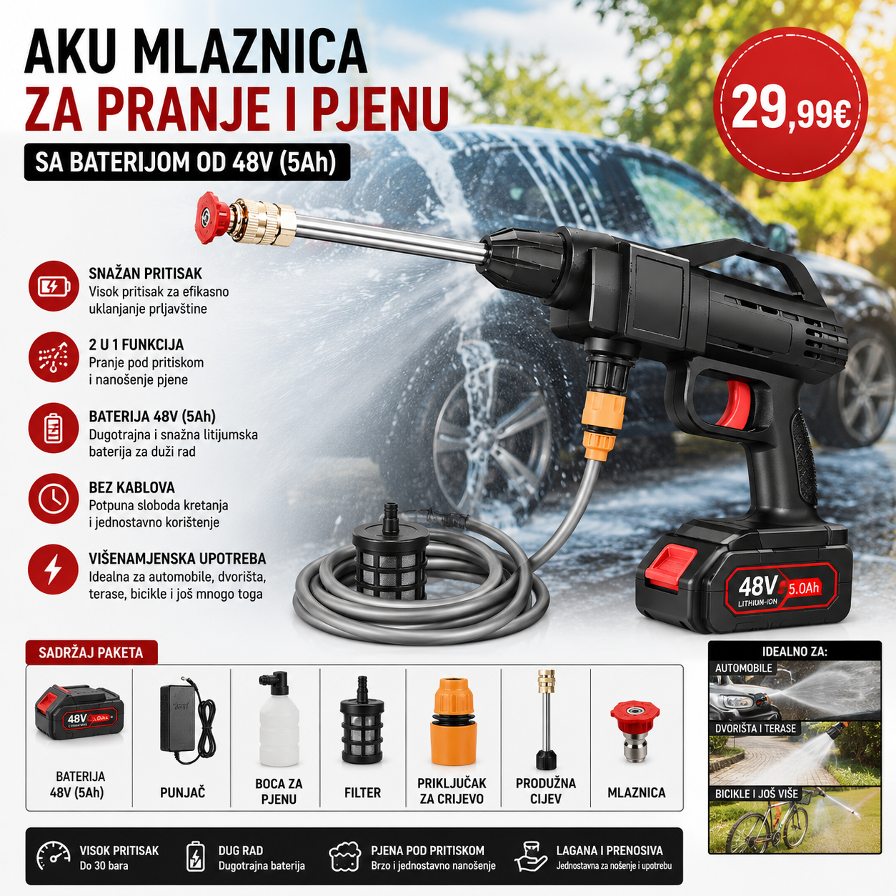AKU mlaznica za pranje i pjenu sa baterijom od 48V (5Ah)