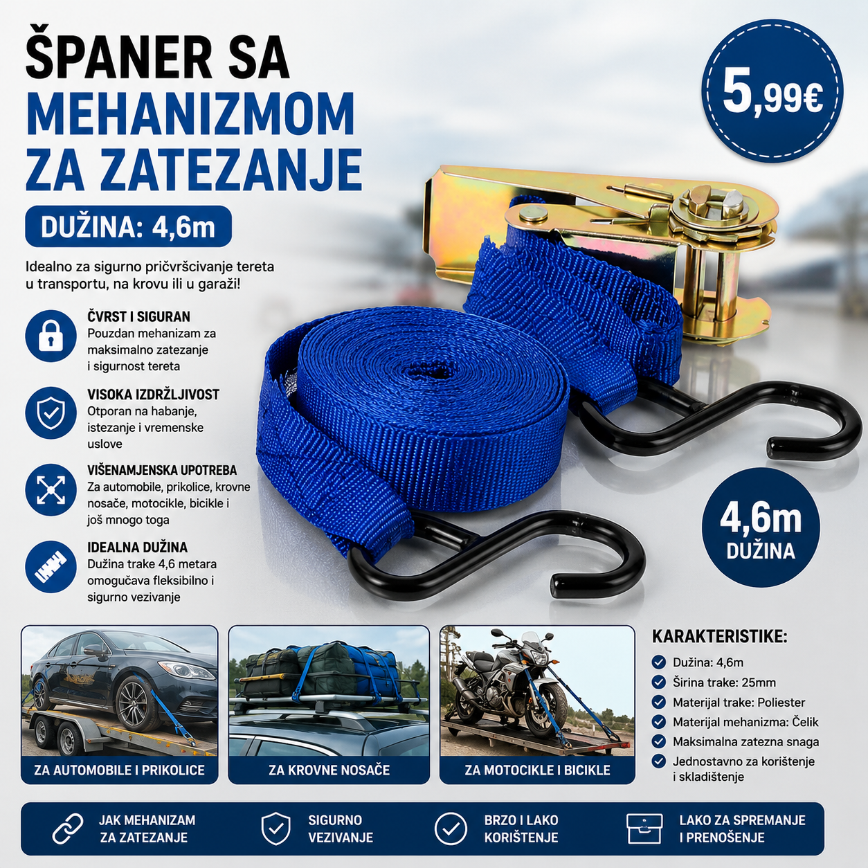 Španer sa mehanizmom za zatezanje veličine 4,6m