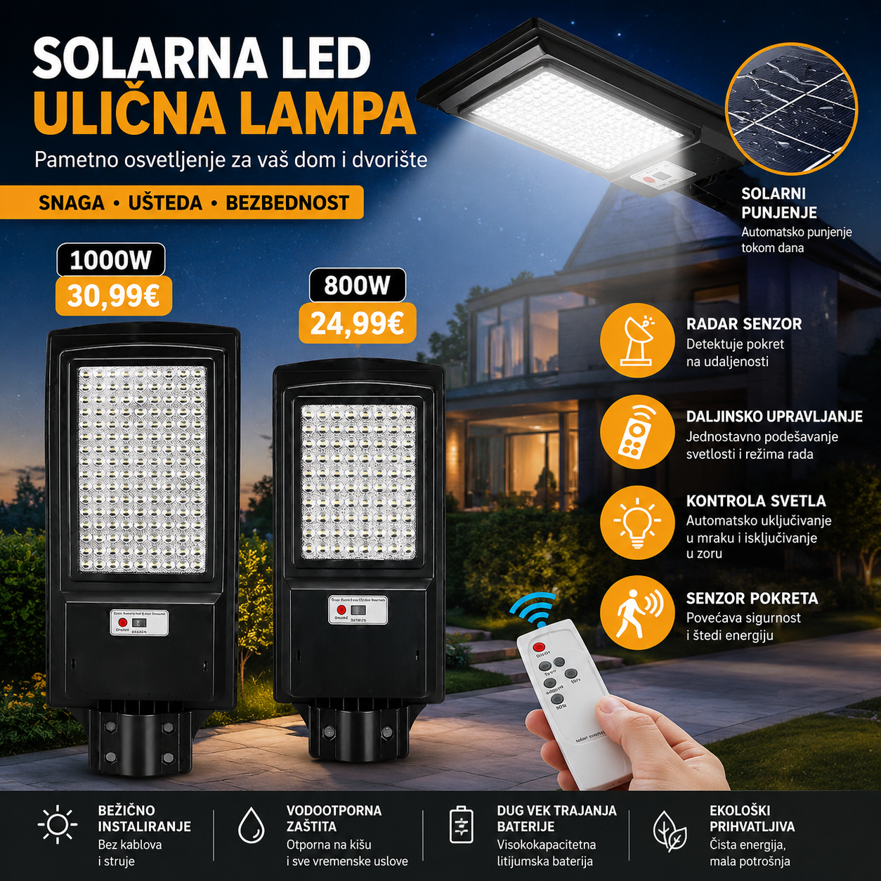 Solarni LED reflektor sa senzorom pokreta + daljinski