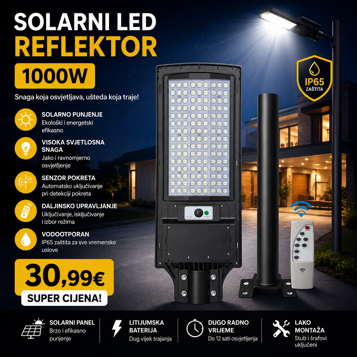 Solarni LED reflektor sa senzorom pokreta + daljinski