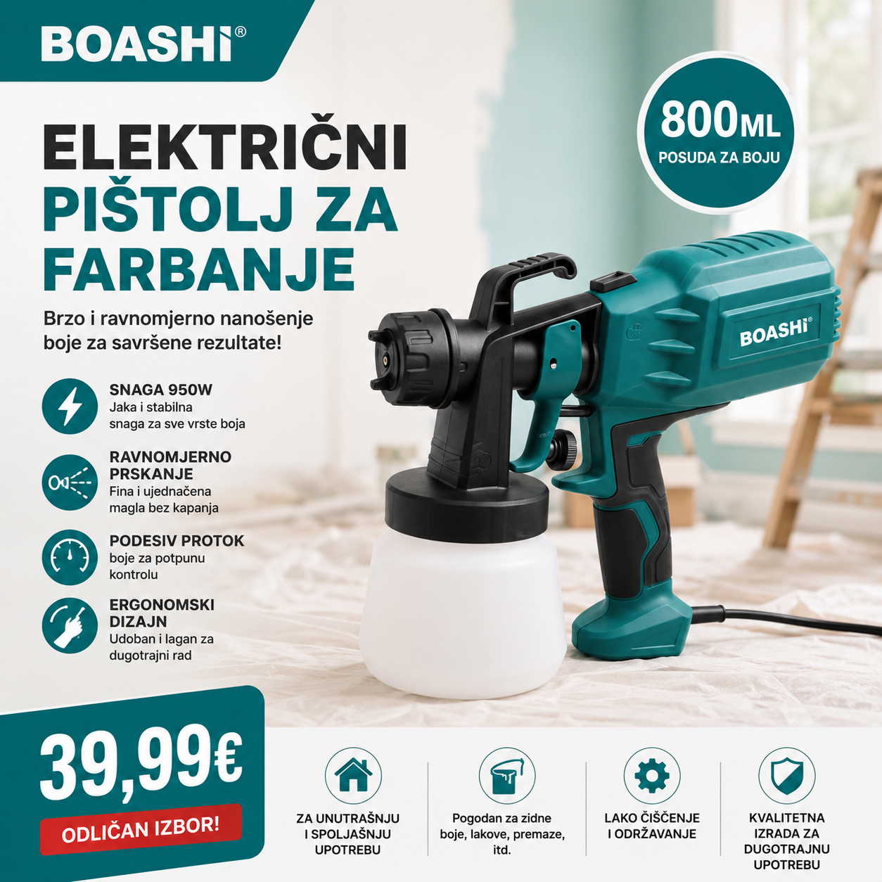 BOASHI BS-9501G Električni Pištolj za Farbanje – 800 ml