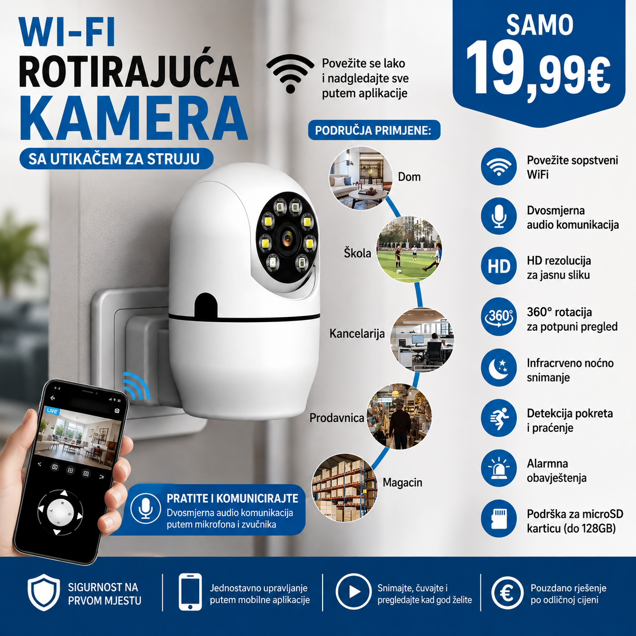 WI-FI rotirajuca kamera sa utikacem za struju