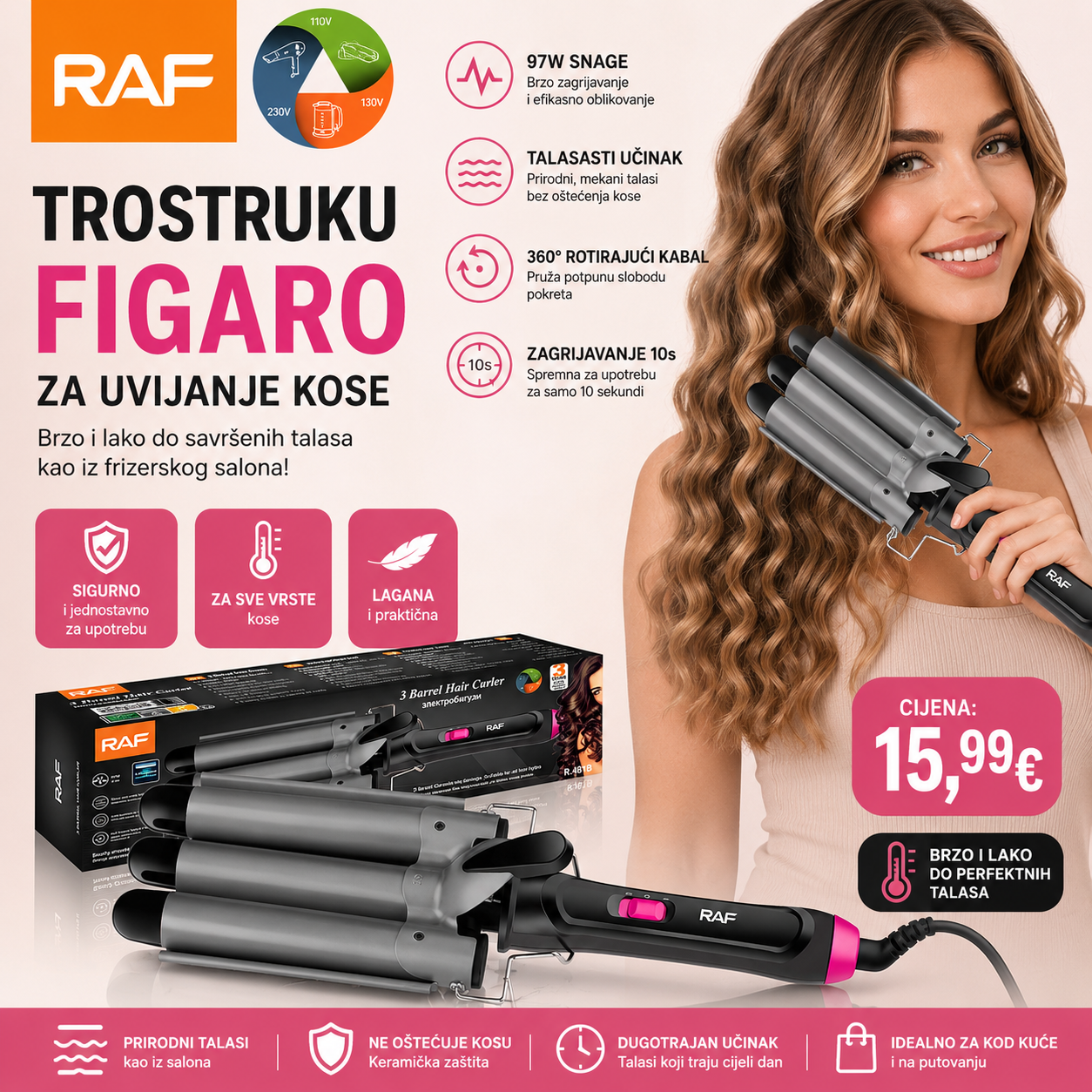 RAF Trostruki Figaro za Uvijanje Kose – Brzo Zagrijavanje, Prirodni Talasi | 97W