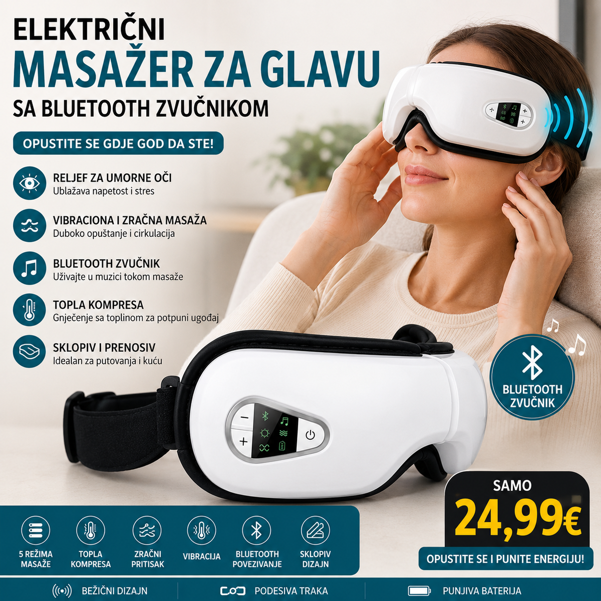 Elektricni masazer za glavu sa bluetooth zvucnikom