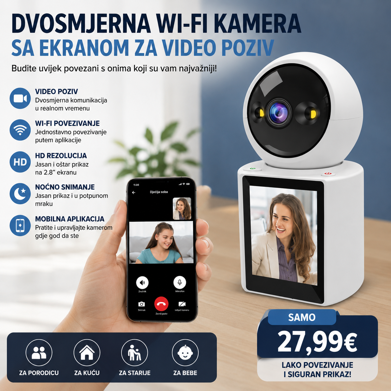 Dvosmjerna Wi-Fi kamera sa ekranom za video poziv