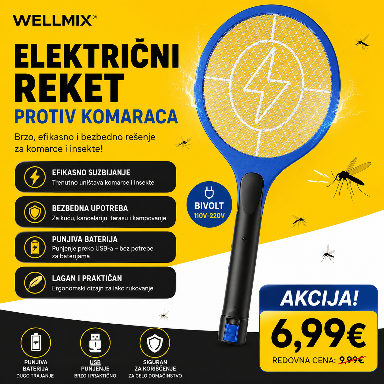 Električni reket protiv komaraca Wellmix (punjivi, Bivolt)