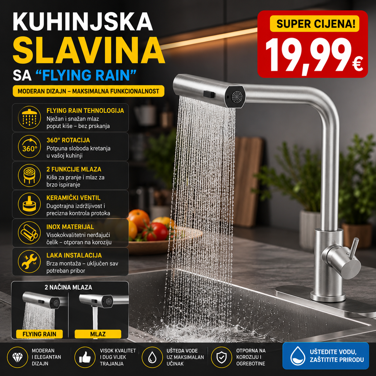 Kuhinjska Slavina sa “Flying Rain” Tuš Modom – Moderna, Praktična, Moćna! ✨