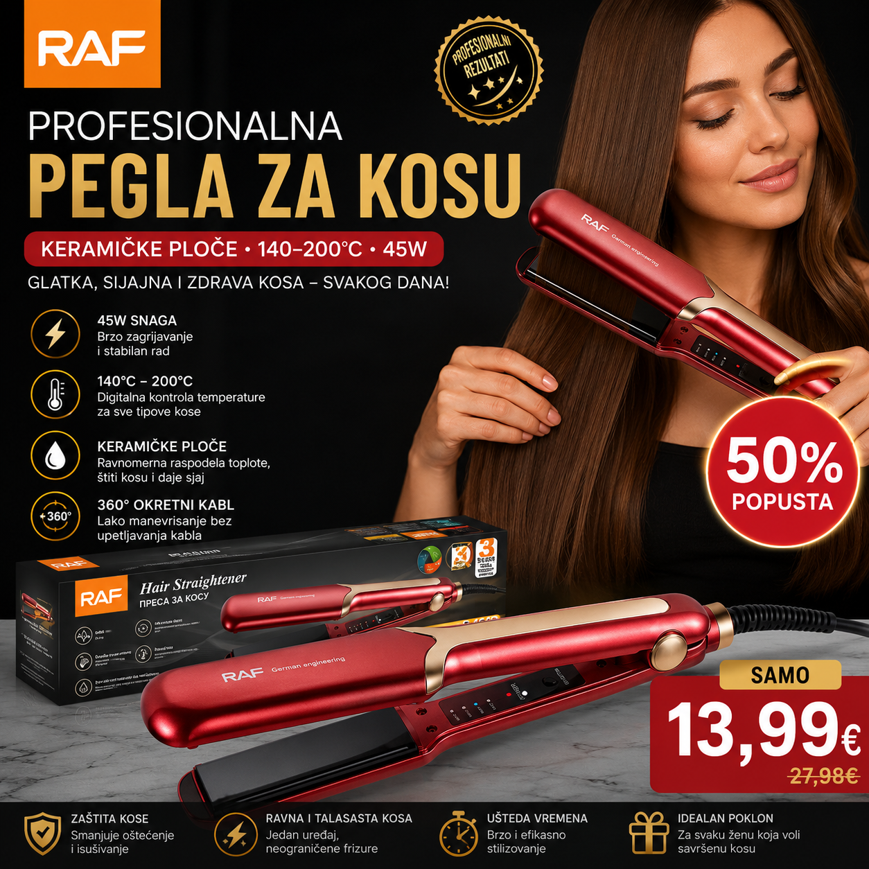 RAF Profesionalna Pegla za Kosu – Keramičke ploče, 140–200°C, 45W