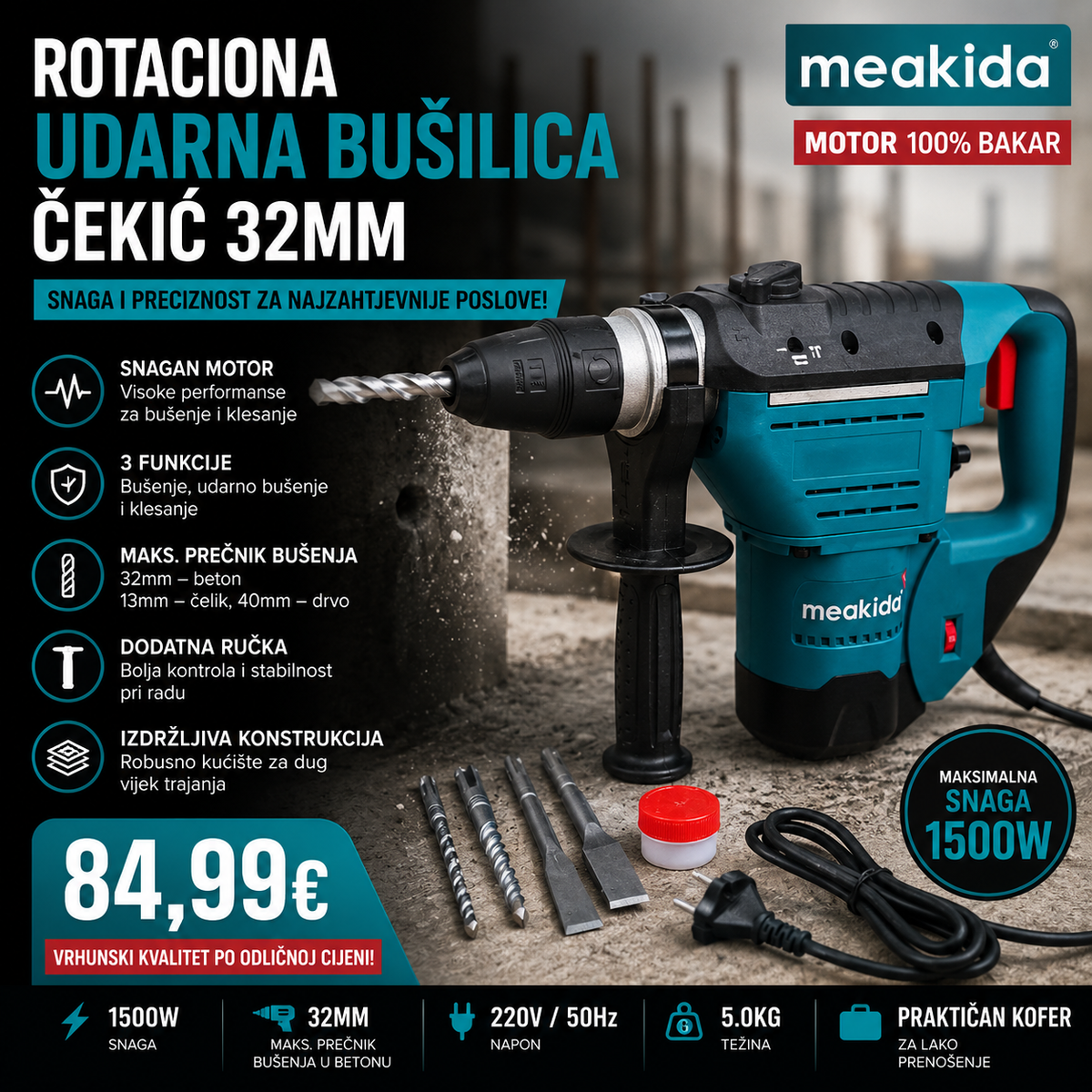 Meakida Rotaciona Bušilica – Čekić 32mm