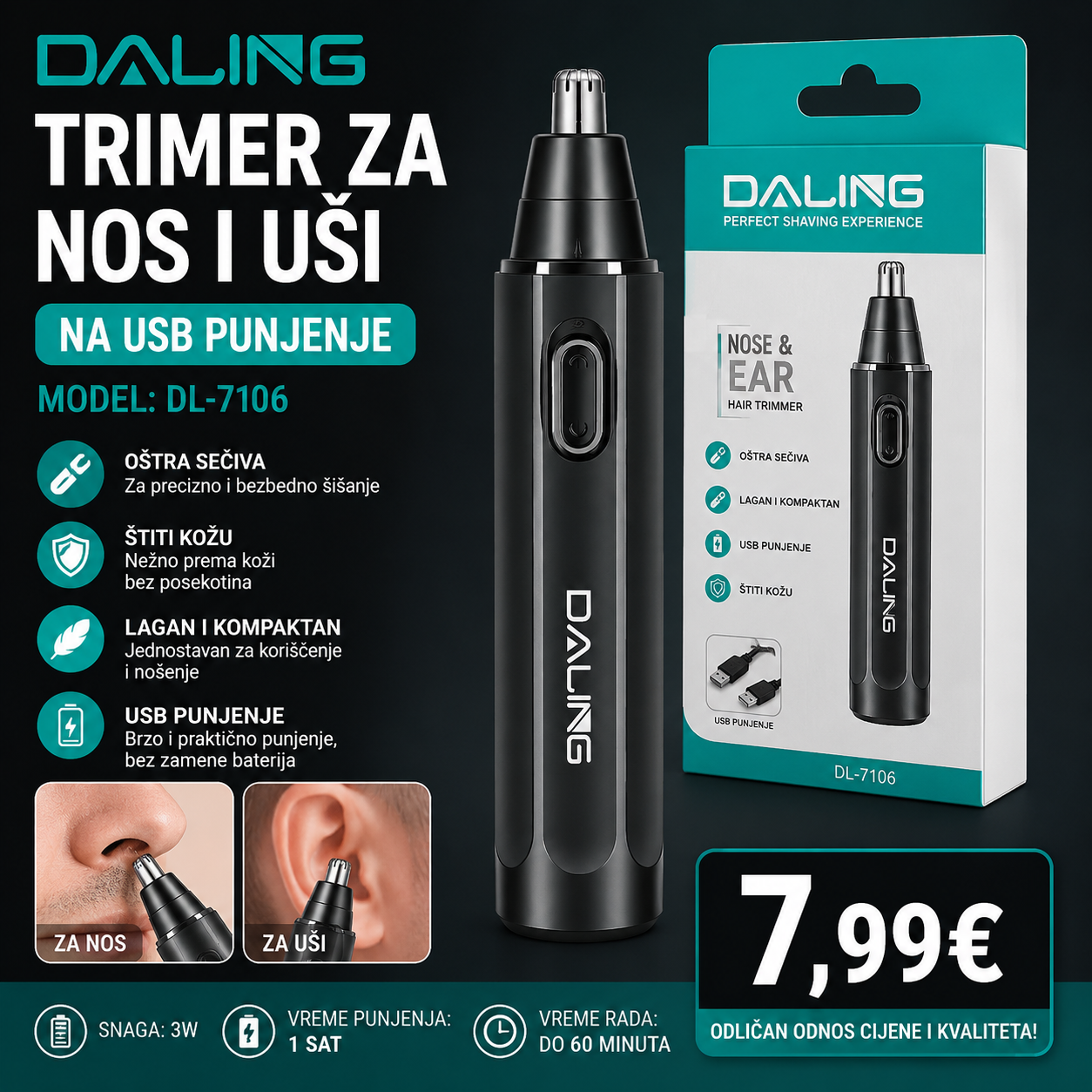 Trimer za nos i uši na USB punjenje