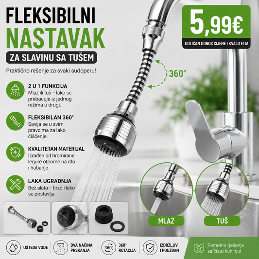 Fleksibilni nastavak za slavinu sa tušem – više kontrole, manje prskanja