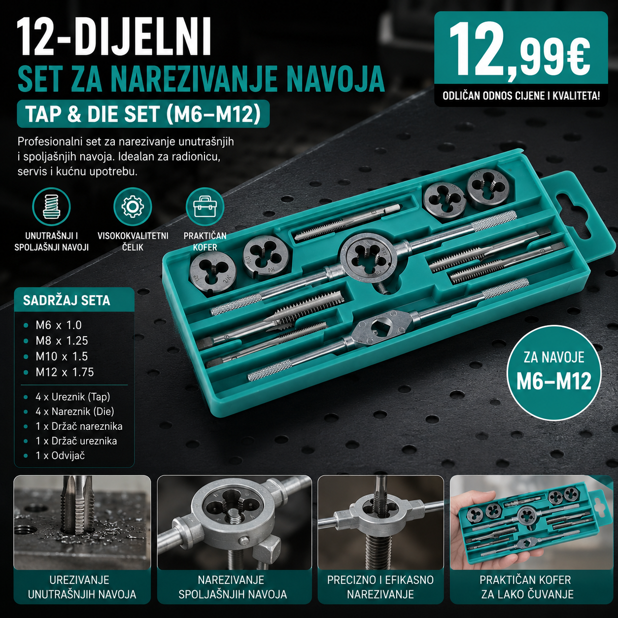 12-dijelni Set za Narezivanje Navoja – Tap & Die Set (M6–M12)