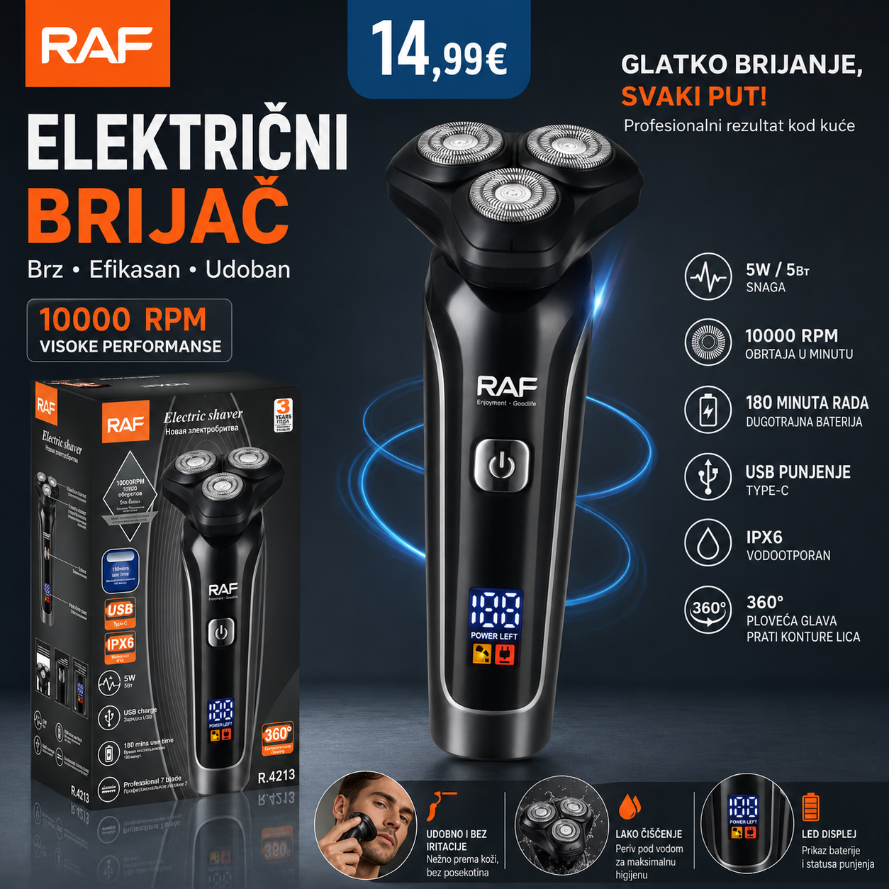 RAF Električni Brijač – 10000 RPM, USB punjenje, 180 min rada, IPX6 vodootporan
