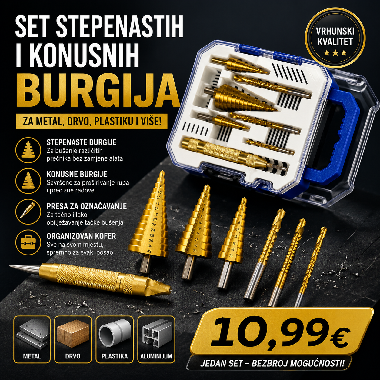 Set stepenastih i konusnih burgija