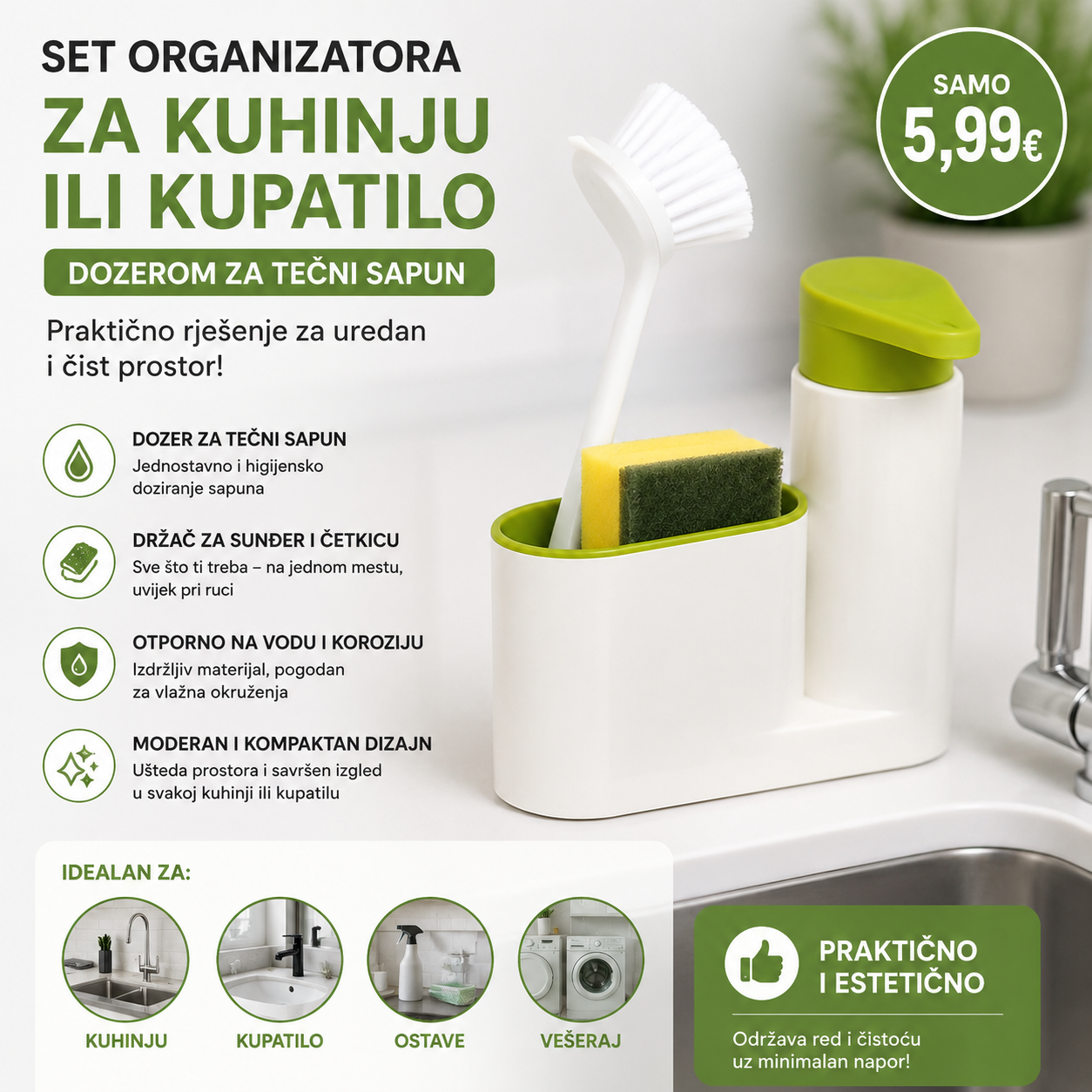 SET ORGANIZATORA ZA KUHINJU ILI KUPATILO DOZEROM ZA TEČNI SAPUN
