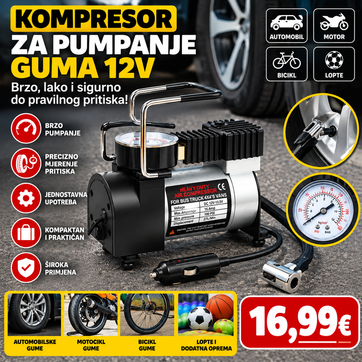 Kompresor za pumpanje guma 12V