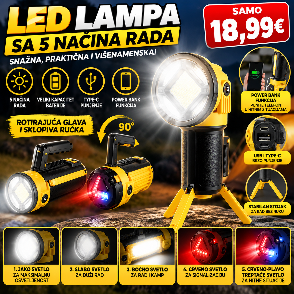 LED lampa sa 5 načina rada velikog kapaciteta