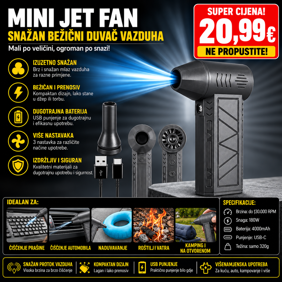 Mini Jet Fan – snažan bežični duvač vazduha