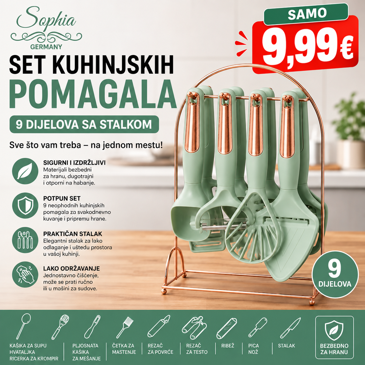 Set kuhinjskih pomagala – 9 dijelova sa stalkom