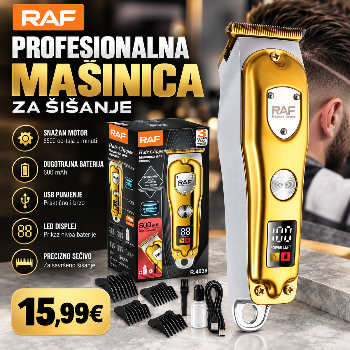 RAF R.4038 – Profesionalna mašinica za šišanje (zlatna)
