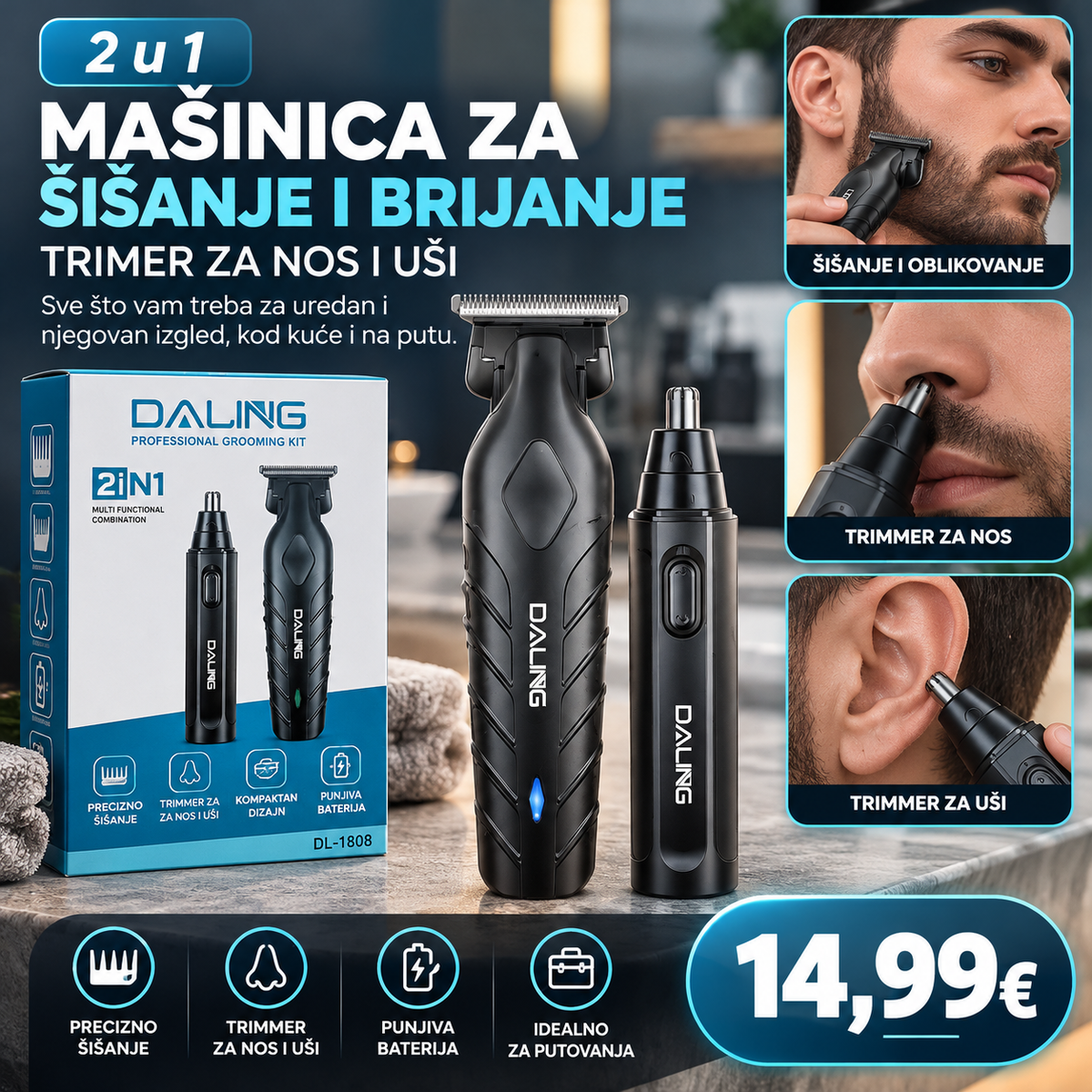 2u1 masinica za sisanje i brijanje i trimer za nos i usi