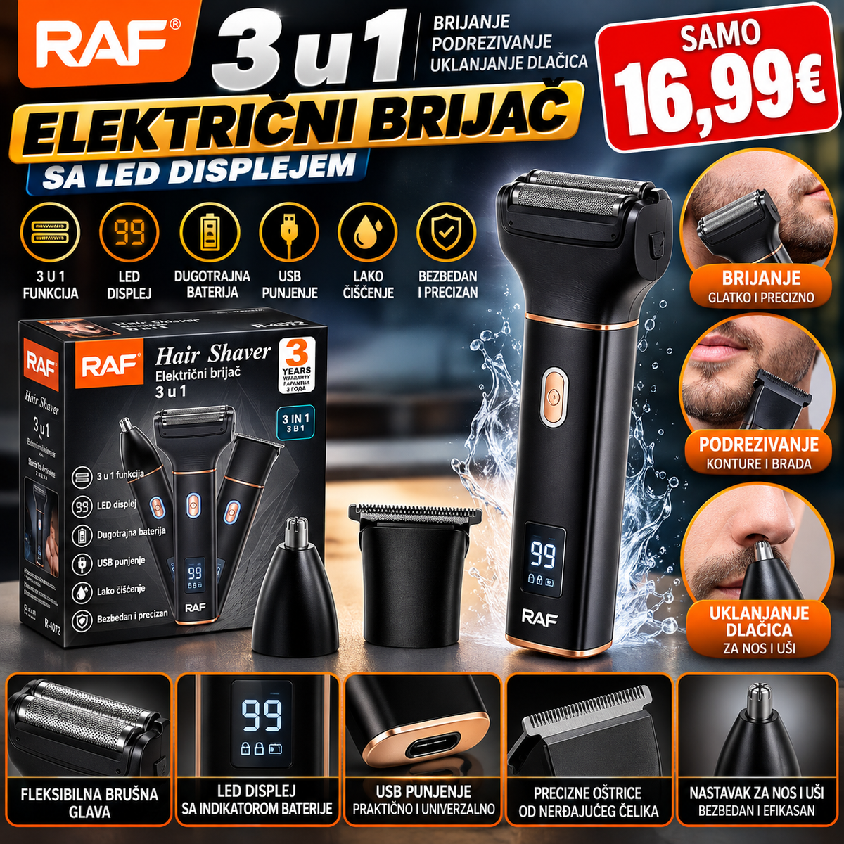 RAF – 3 u 1 Električni Brijač sa LED Displejem