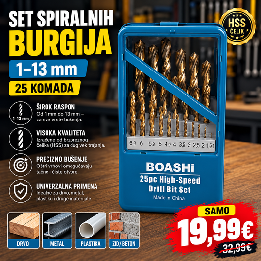 Set spiralnih burgija 1–13 mm – 25 kom