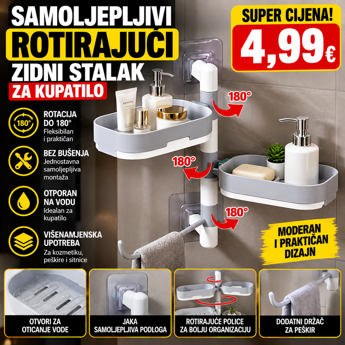 Samoljepljivi rotirajuci zidni stalak za kupatilo