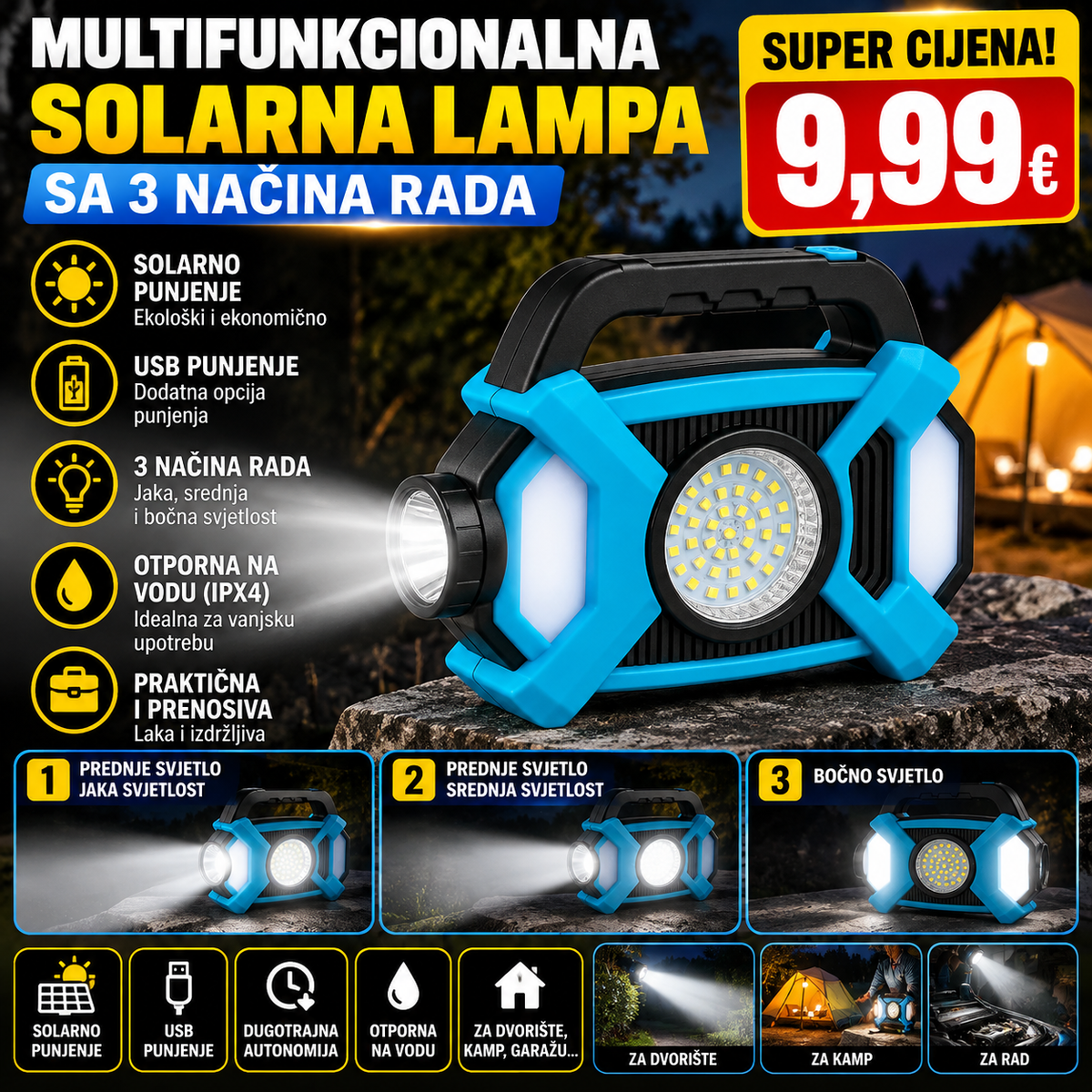 Multifunkcionalna solarna lampa sa 3 načina rada