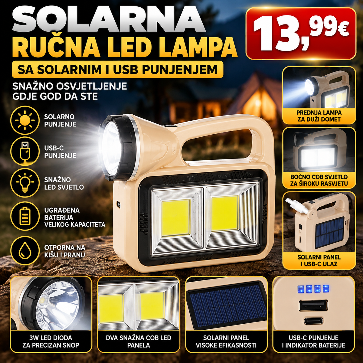 Solarna ručna led lampa sa solarnim i usb punjenjem