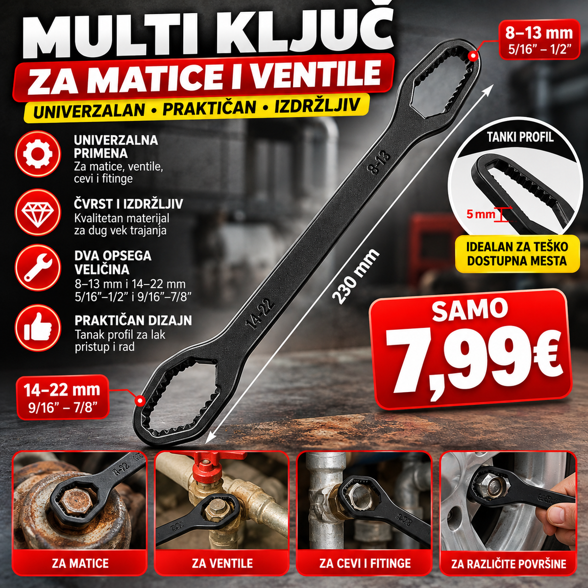 Univerzalni tanki ključ (multi ključ za matice i ventile)