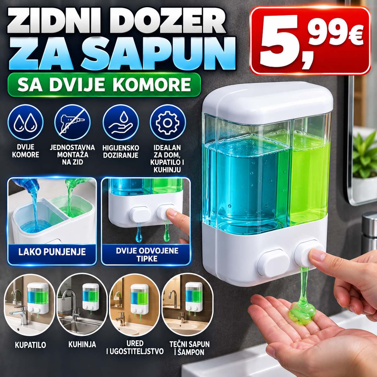 Zidni dozer za sapun  sa dvije komore