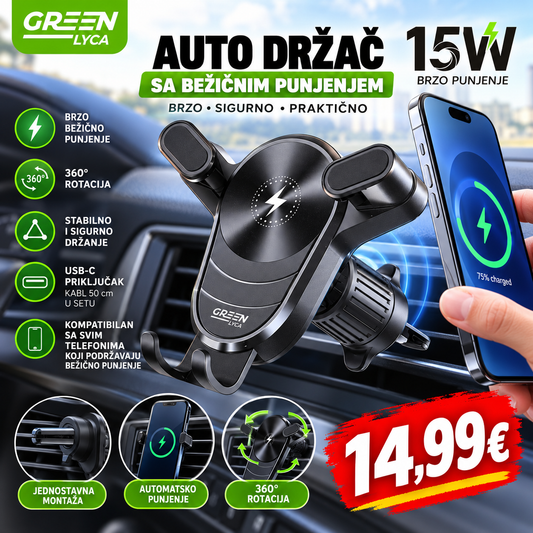 Auto držač telefona sa bežičnim punjenjem 15W