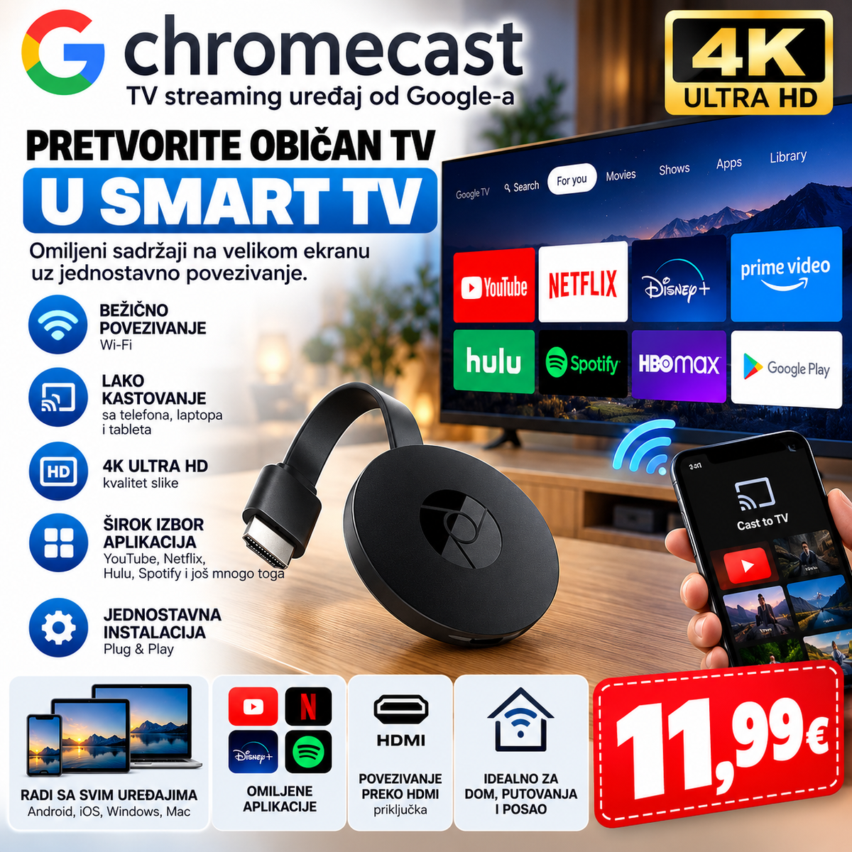 Chromecast 4K Ultra HD – pretvorite TV u Smart TV