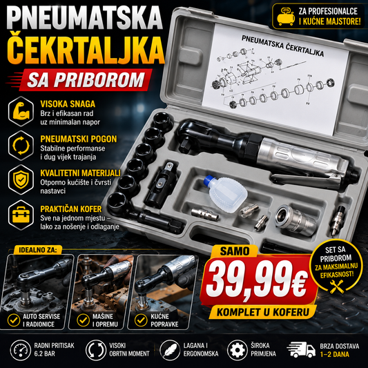 Pneumatska čekrtaljka sa priborom 1/2" – Profesionalni set u koferu