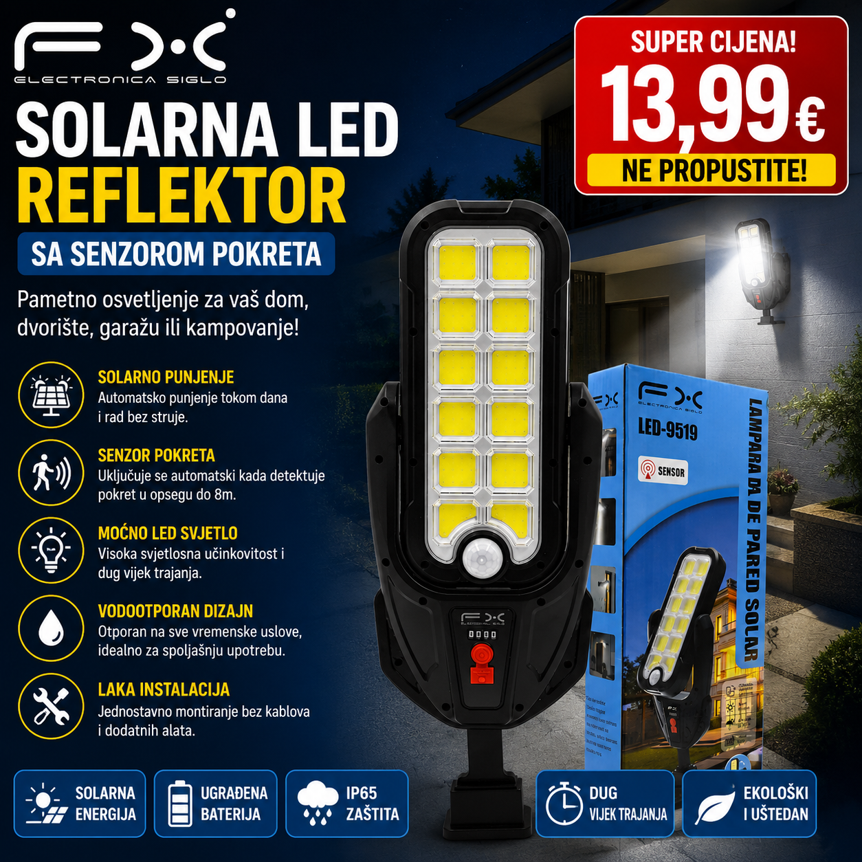 Solarna LED reflektor sa senzorom