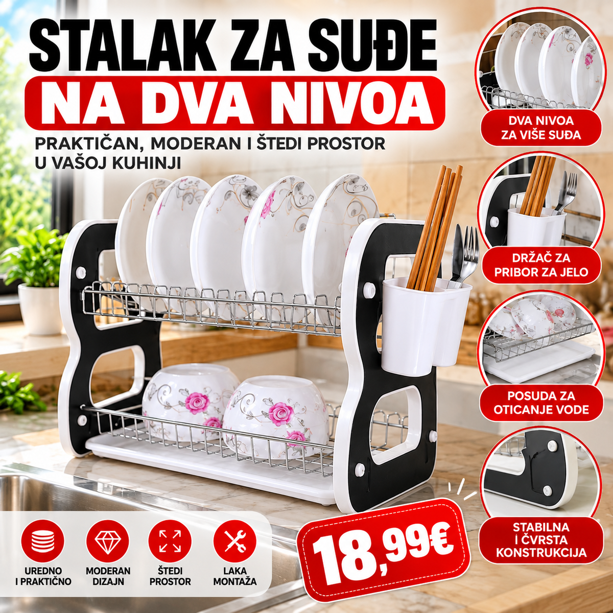Stalak za suđe na dva nivoa – praktično rješenje za svaku kuhinju