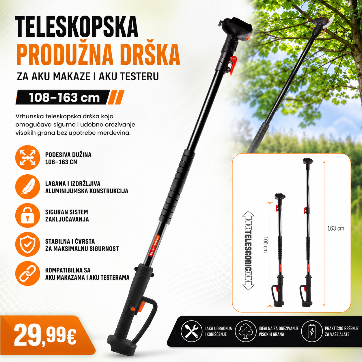 Teleskopska produžna drška 108–163 cm za aku makaze i aku testeru