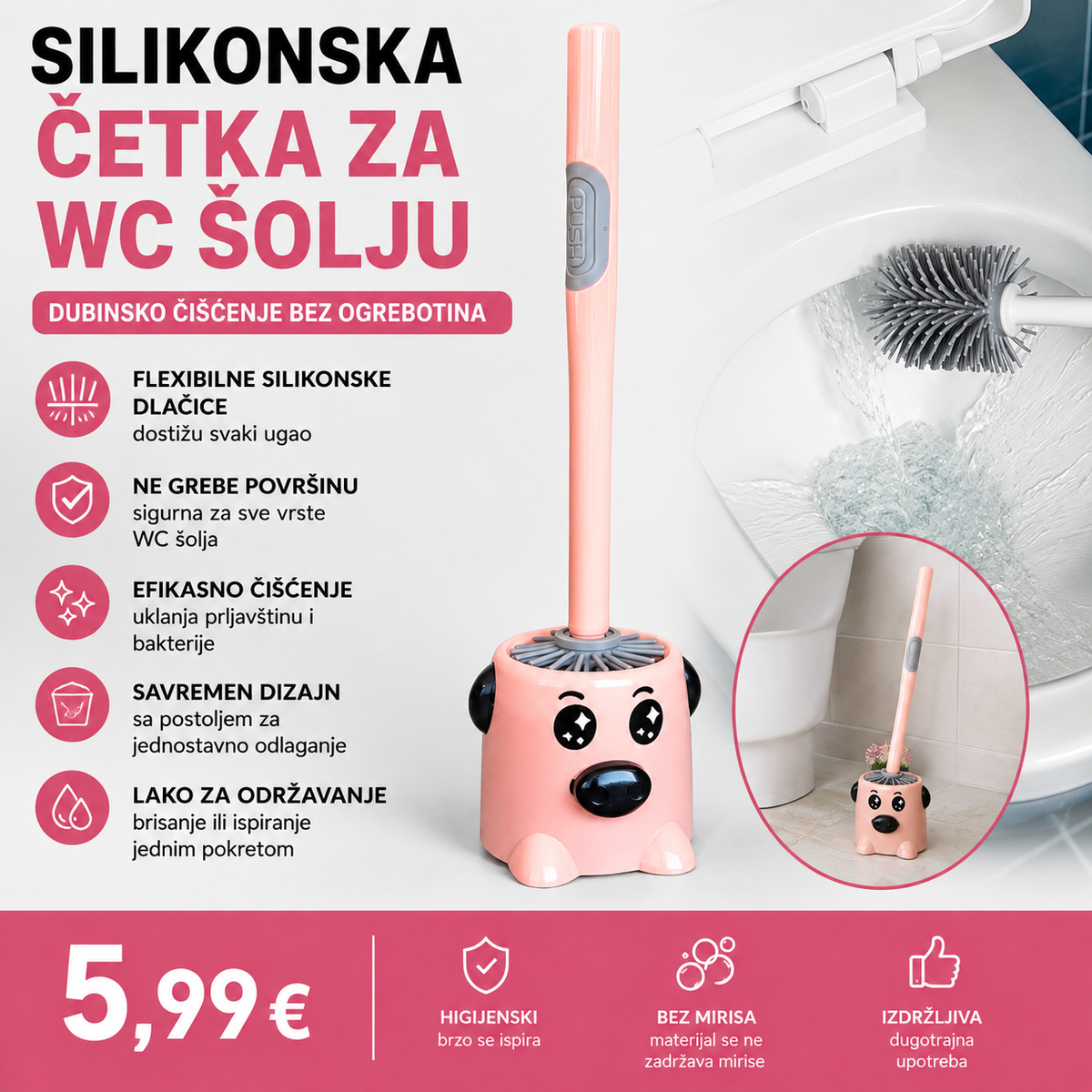 Silikonska četka za WC solju sa odeljkom za sipanje šampona