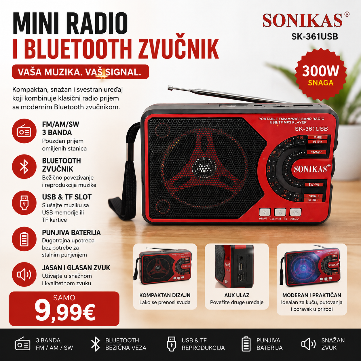 Mini radio i Bluetooth zvučnik – SONIKAS SK-361USB
