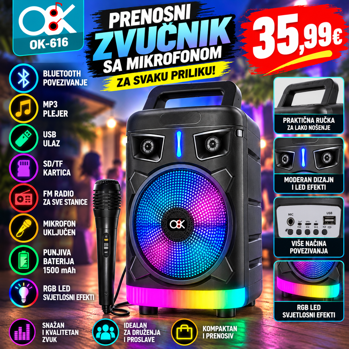 Prenosni Bluetooth zvučnik sa mikrofonom OK-616