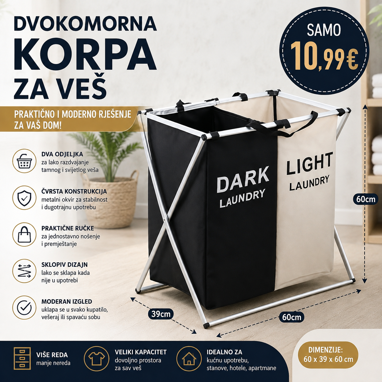 DVOKOMORNA KORPA ZA VEŠ – PRAKTIČNO RAZVRSTAVANJE VEŠA