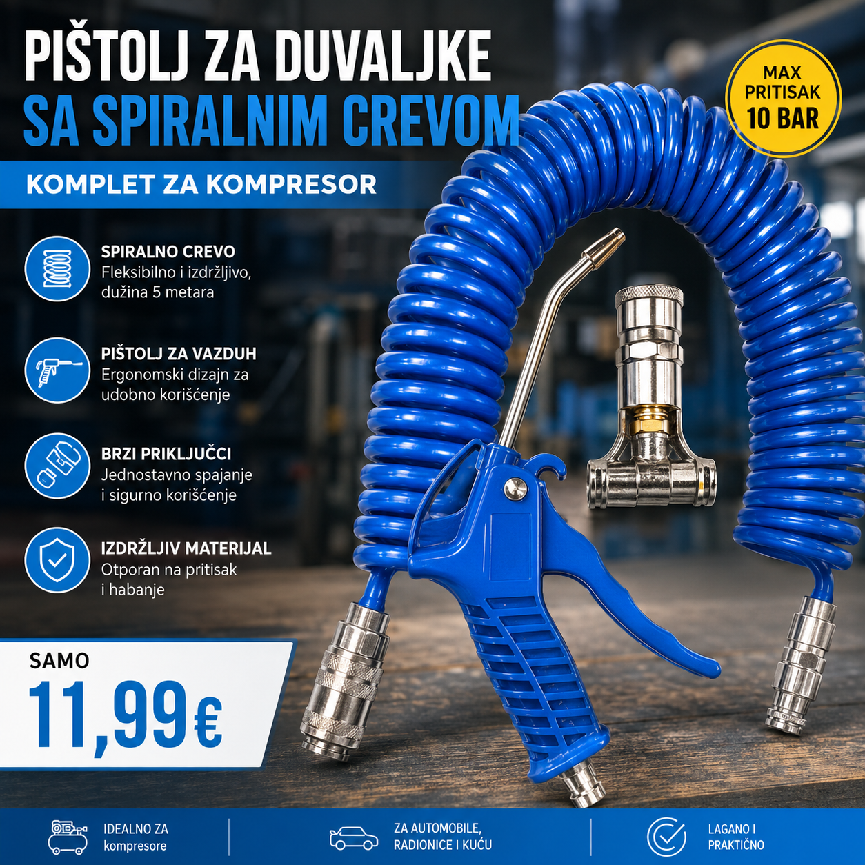 Pištolj za izduvavanje sa spiralnim crevom 5 m – Set za kompresor | 10 bar