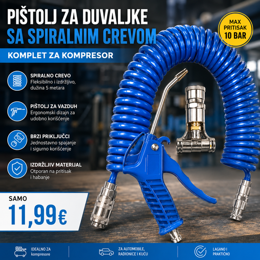 Pištolj za izduvavanje sa spiralnim crevom 5 m – Set za kompresor | 10 bar